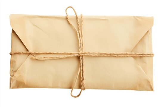 Manila envelope tied with rustic string isolated on white background, ideal for vintage and sustainable packaging themes
