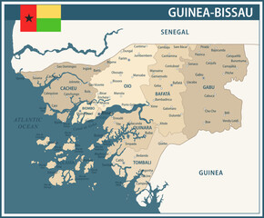 Fototapeta premium Guinea-Bissau Map Vector Vintage Dark Blue Beige - Customizable layered political map of Guinea-Bissau with administrative divisions for website, education, reports, news, politics, print, poster