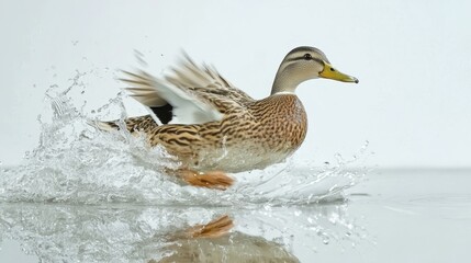 Obraz premium A duck splashing in the water on a cloudy day