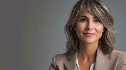 Fototapeta premium A woman in a beige blazer and white shirt