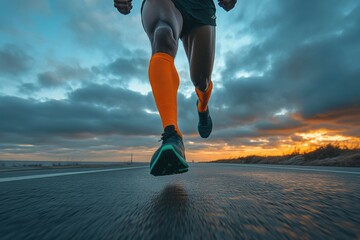 Dynamic shot of a runner in orange socks at sunrise