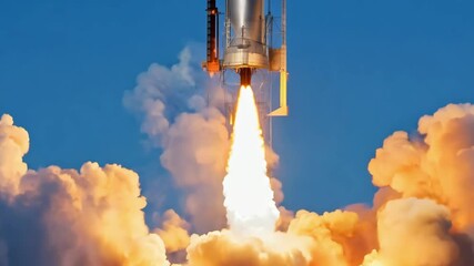 A sleek, metallic rocket stands tall at a testing facility under a clear blue sky, showcasing cutting-edge technology. Engineers are nearby, preparing for an upcoming launch.