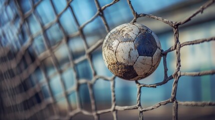 Fototapeta premium Muddy Soccer Ball in Net: A Close-Up of a Worn Soccer Ball Trapped in a Weathered Goal Net, Evoking Nostalgia and the Spirit of the Game.