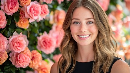 Fototapeta premium A woman standing in front of a bunch of pink roses