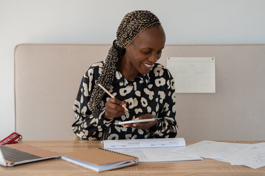Happy woman studying aviation course