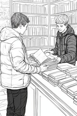 Two young males browsing books in a cozy bookstore, one presenting books to the other.
