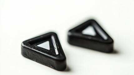 A pair of black triangle shaped earrings on a white surface