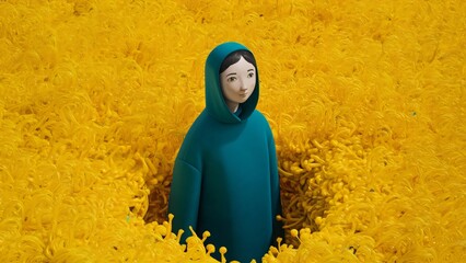 AI-Generated Surreal Art, Person in Teal Hoodie Amidst Yellow Abstract Field - Digital Painting,...