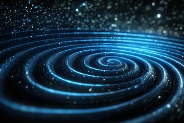 Glowing blue spiral, dark background, sparkling particles.