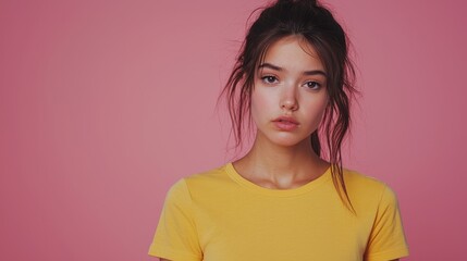 Fototapeta premium A woman in a yellow shirt is looking at the camera
