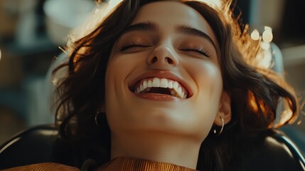 Fototapeta premium A woman sitting in a chair with her eyes closed and a smile on her face