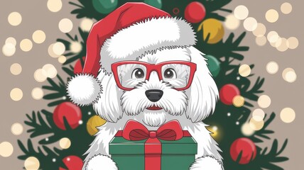 Christmas Dog with Santa Hat, Red Glasses, and Decorations