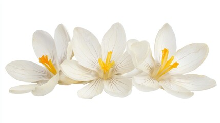 Three white crocuses with yellow stamens on a white background