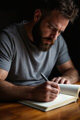 Concentrated Man Writing in Notebook with Pen in Dim Light