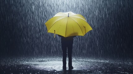 A person holding a yellow umbrella in the rain