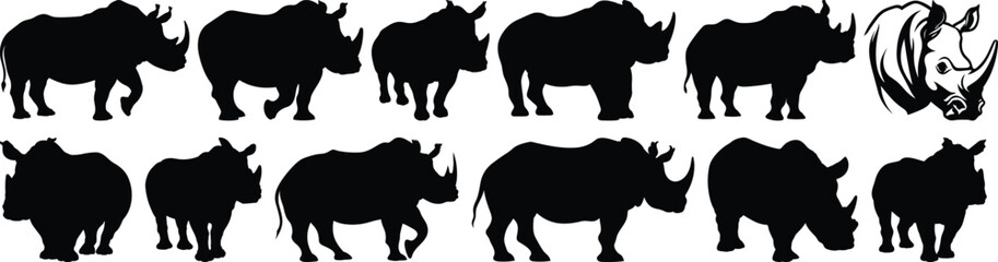 Rhino silhouettes set, rhinoceros pack of vector silhouette design, isolated background