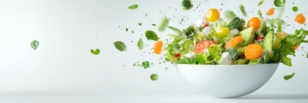 A bright salad of greens, tomatoes, and carrots in a white bowl, with ingredients artistically scattered mid-air.