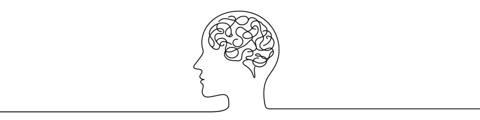 Continuous line drawing representing human head with brain waves symbolizing mental health, psychology, and creativity