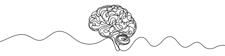 One continuous line illustration of a human brain, isolated on white background. Line art of human brain