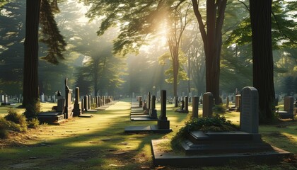 Peaceful cemetery landscape at sunrise with copy space for reflection or memorial design