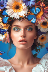 Naklejka premium young woman with a wreath of flowers on her head Generative AI