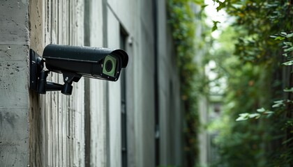 Modern black surveillance camera mounted on building exterior