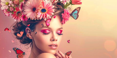 young woman with a wreath of flowers on her head Generative AI