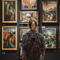 Obraz premium Woman views art gallery paintings, backpack.