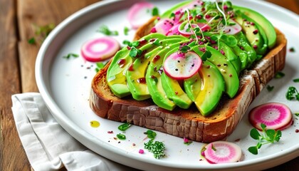 Vibrant avocado toast with radish and microgreens on rustic plate with copy space