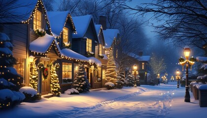 Obraz premium Cozy winter street at night with festive lights and snowy scenery
