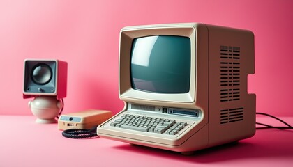 old 1950s computer on a pink background, retro futurism 