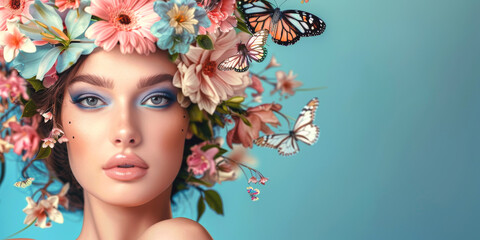 Naklejka premium young woman with a wreath of flowers on her head Generative AI