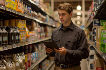 Retail worker using a tablet to manage inventory in a grocery store aisle surrounded by packaged goods and food products