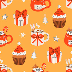 Seamless Christmas pattern with cacao drink, ginger cookie, present and lollipop. Vector illustration for textile, postcard, wrapping paper, poster, background, book, t-shirt.