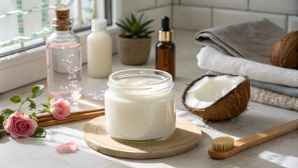 Open jar of coconut oil on bathroom countertop for lip hydration