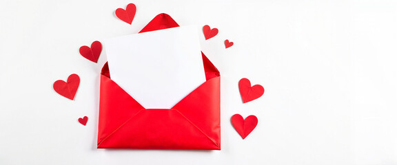 Red envelope with blank sheet and heart cutouts for romantic message on a white background