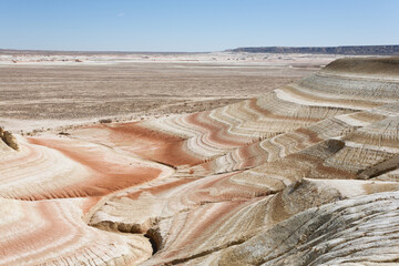 Kyzylkup plateau landscape, Mangystau desert. Rock strata formations