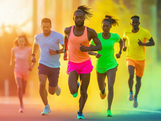 Obraz premium Żywa sesja zdjęciowa na świeżym powietrzu z biegaczami ubranymi w neonowe stroje sportowe, w dynamicznych pozach i z energiczną kompozycją