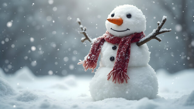 "Ultra-Realistic Snowman Standing Proudly in Snowy Yard, Adorned with Scarf and Carrot Nose"