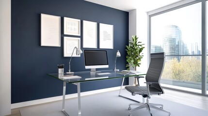 Modern Workspace with Glass Desk and Motivational Prints