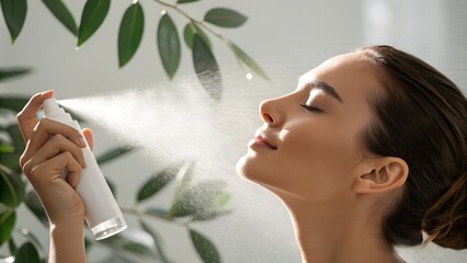 Woman applying facial mist in bright and airy environment