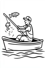 A young male fisherman catching a fish while sitting in a rowboat, surrounded by splashes of water.