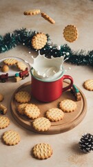 Fototapeta premium High-Angle Festive Photo of Cookies and Milk in Christmas Setting