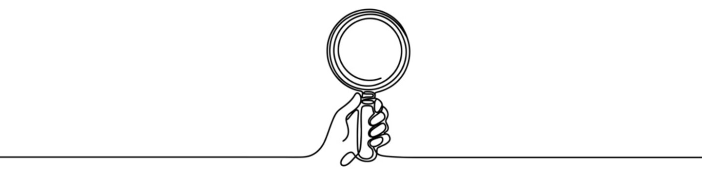 recommend clip art: One continuous line illustration of a magnifying glass held in a hand, isolated on white background. Line art of magnifying glass in hand