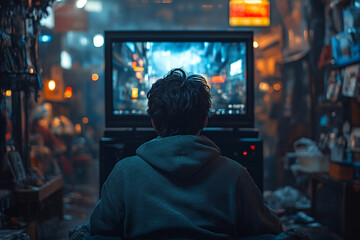Young Man Immersed In A Video Game On A Large Screen