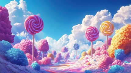 Fairy-tale landscape with giant lollipops and pastel trees in a fantasy style, AI-generated