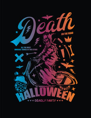 Death on a Scooter. Halloween Poster. Original vector illustration in vintage style. T-shirt design.