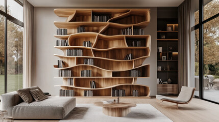 Obraz premium Modern living room with organic wooden bookshelf, sofa, and armchair.
