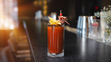 Cocktail party, alcoholic cocktail on the background of a restaurant, menu, bar, pub.