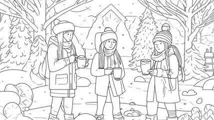 Winter Wonderland: Three Friends Enjoying Hot Drinks in a Snowy Forest